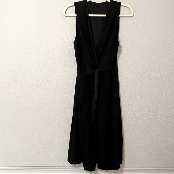 Theory Black Sleeveless Tie Waist Knee Length Dress Womens 8 Preppy Classic Lux - Picture 1 of 9